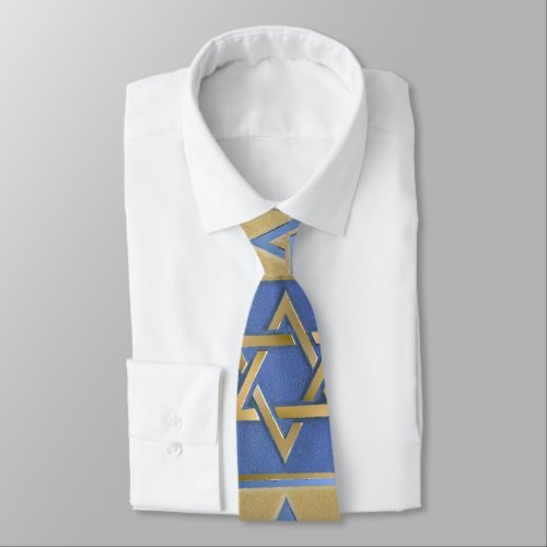 Judaica Blue Gold Star Of David Print Neck Tie