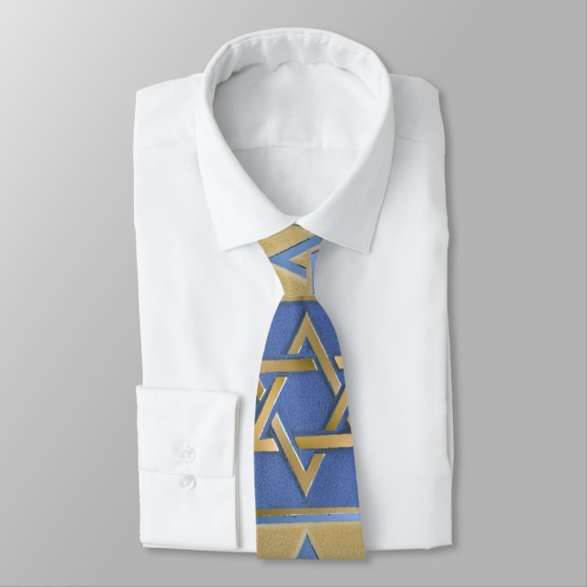 Judaica Blue Gold Star Of David Print Neck Tie (Tied)
