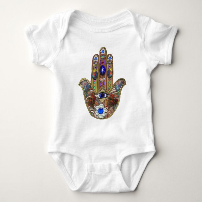 Judaica Hamsa Hearts Flowers Opal Art Print Baby Bodysuit (Front)