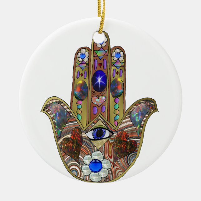 Judaica Hamsa Hearts Flowers Opal Art Print Ceramic Ornament (Front)