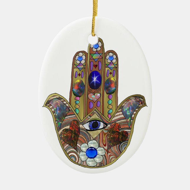 Judaica Hamsa Hearts Flowers Opal Art Print Ceramic Ornament (Front)