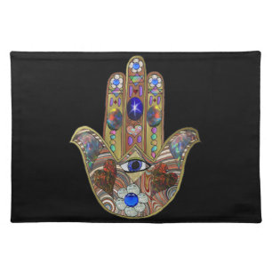 Judaica Hamsa Hearts Flowers Opal Art Print Cloth Placemat