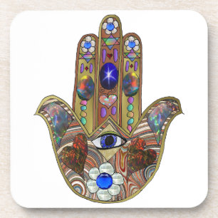 Judaica Hamsa Hearts Flowers Opal Art Print Coaster