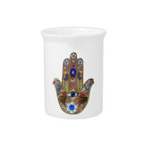 Judaica Hamsa Hearts Flowers Opal Art Print Drink Pitcher