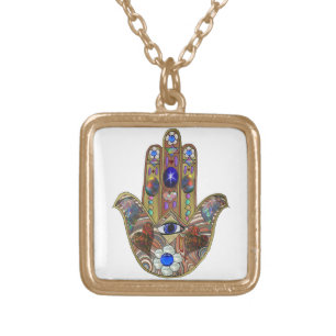 Judaica Hamsa Hearts Flowers Opal Art Print Gold Plated Necklace