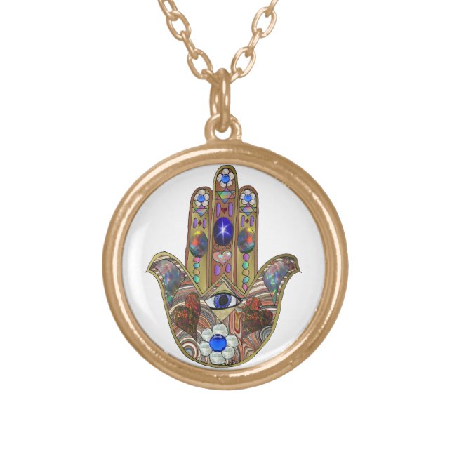 Judaica Hamsa Hearts Flowers Opal Art Print Gold Plated Necklace (Front)