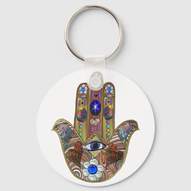Judaica Hamsa Hearts Flowers Opal Art Print Keychain (Front)
