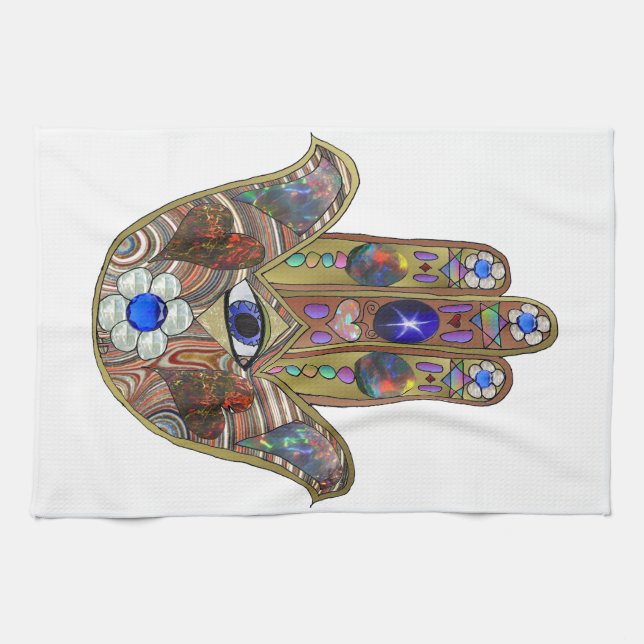 Judaica Hamsa Hearts Flowers Opal Art Print Kitchen Towel (Horizontal)