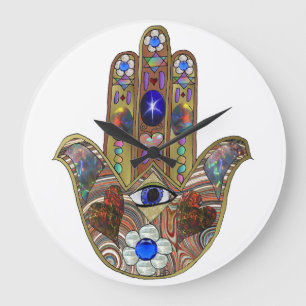 Judaica Hamsa Hearts Flowers Opal Art Print Large Clock