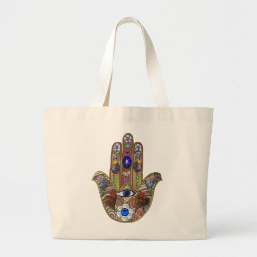 Judaica Hamsa Hearts Flowers Opal Art Print Large Tote Bag