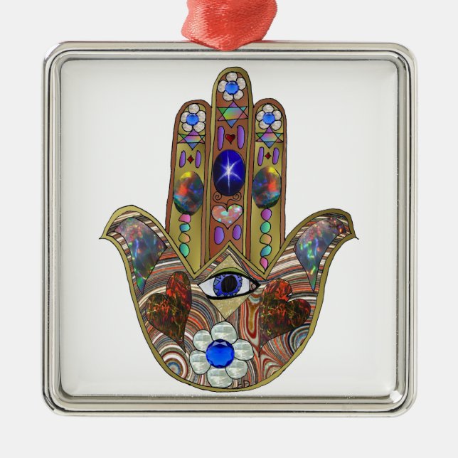 Judaica Hamsa Hearts Flowers Opal Art Print Metal Ornament (Front)