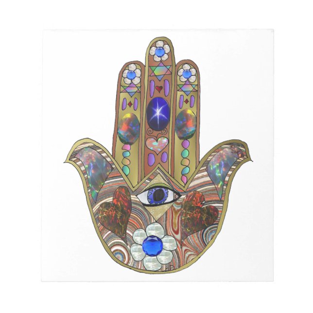 Judaica Hamsa Hearts Flowers Opal Art Print Notepad (Front)