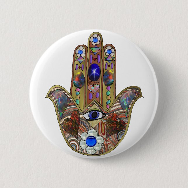Judaica Hamsa Hearts Flowers Opal Art Print Pinback Button (Front)