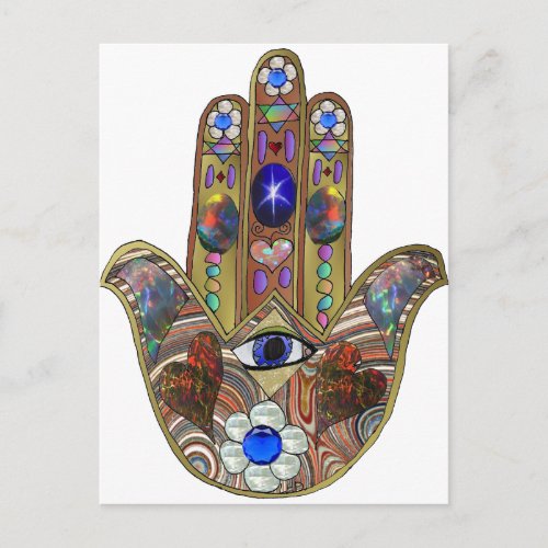 Judaica Hamsa Hearts Flowers Opal Art Print Postcard