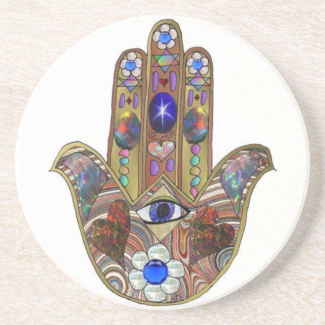 Judaica Hamsa Hearts Flowers Opal Art Print Sandstone Coaster (Front)