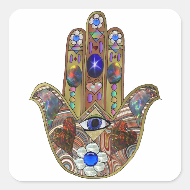 Judaica Hamsa Hearts Flowers Opal Art Print Square Sticker (Front)