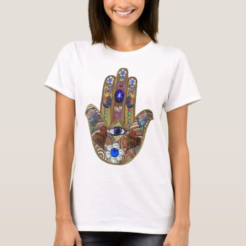 Judaica Hamsa Hearts Flowers Opal Art Print T_Shirt