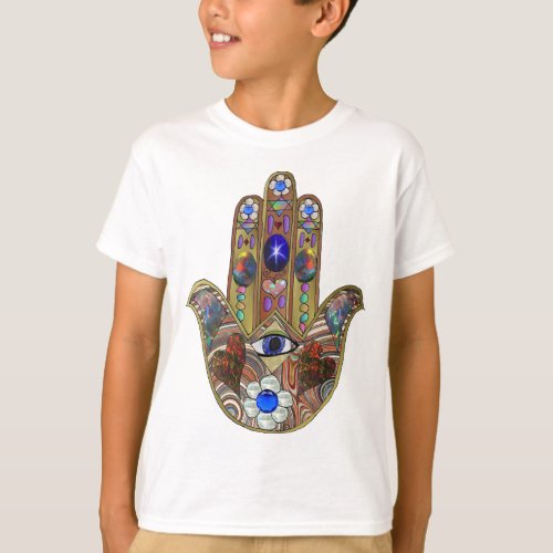 Judaica Hamsa Hearts Flowers Opal Art Print T_Shirt