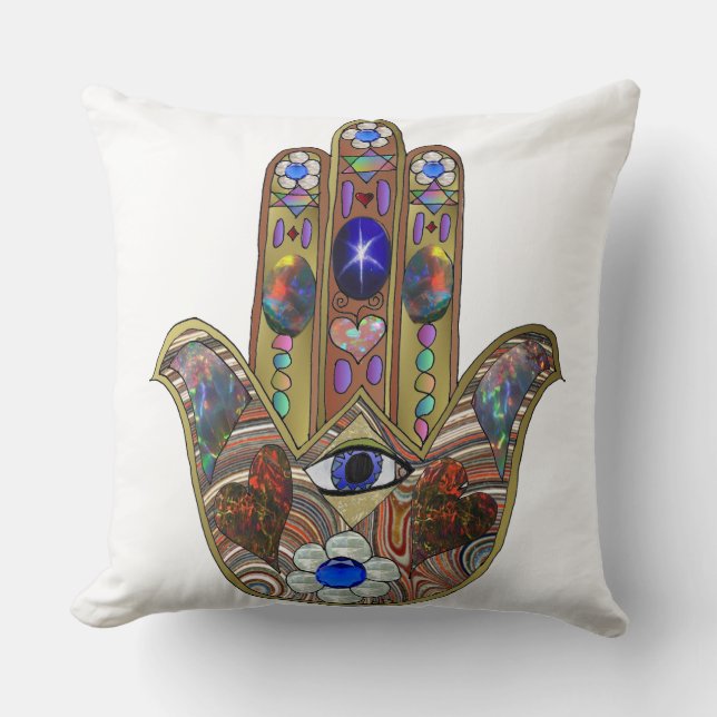 Judaica Hamsa Hearts Flowers Opal Art Print Throw Pillow (Front)