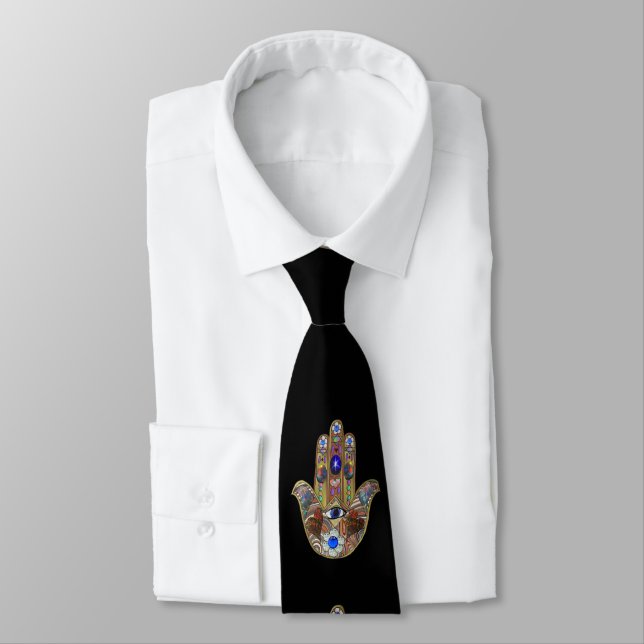 Judaica Hamsa Hearts Flowers Opal Art Print Tie (Tied)