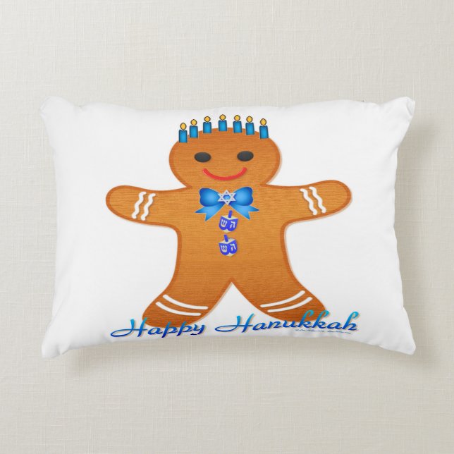 Judaica Hanukkah Gingerbread Man Menorah Accent Pillow (Front)