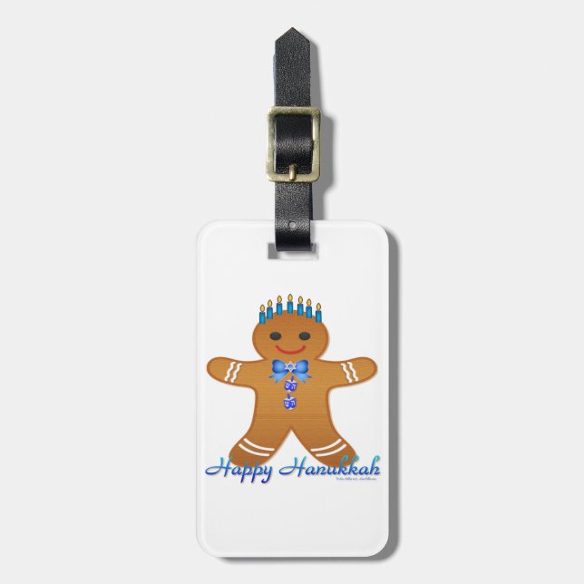 Judaica Hanukkah Gingerbread Man Menorah Luggage Tag (Front Vertical)