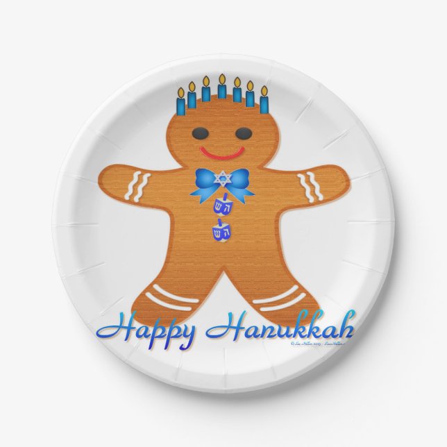 Judaica Hanukkah Gingerbread Man Menorah Paper Plates (Front)