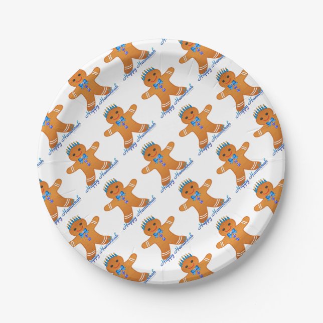 Judaica Hanukkah Gingerbread Man Menorah Paper Plates (Front)