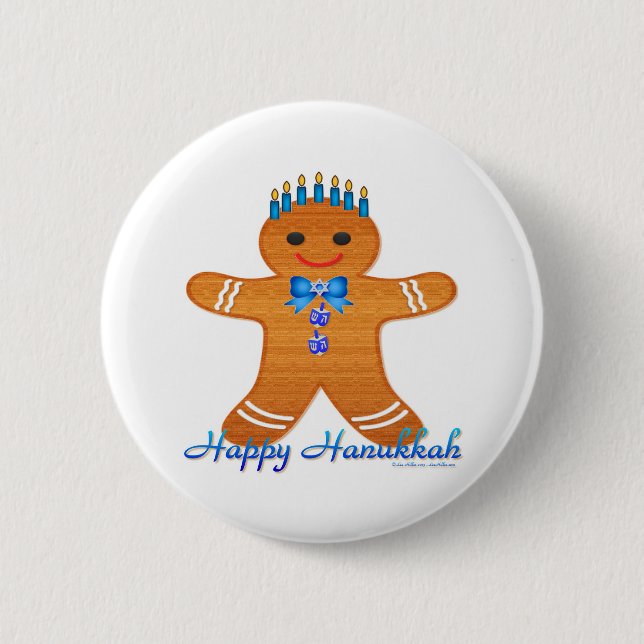 Judaica Hanukkah Gingerbread Man Menorah Pinback Button (Front)