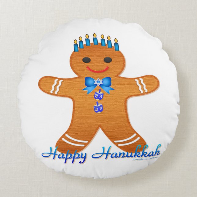 Judaica Hanukkah Gingerbread Man Menorah Round Pillow (Front)