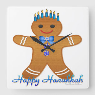 Judaica Hanukkah Gingerbread Man Menorah Square Wall Clock