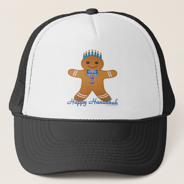 Judaica Hanukkah Gingerbread Man Menorah Trucker Hat (Front)