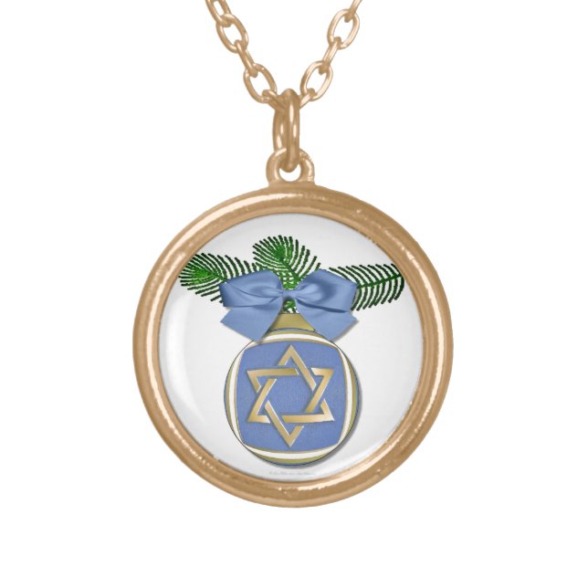 Judaica Hanukkah Star Of David Ornament Print Gold Plated Necklace (Front)