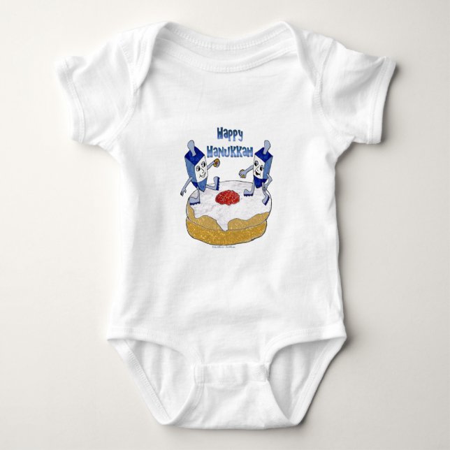 Judaica Happy Hanukkah Dancing Dreidels Doughnut Baby Bodysuit (Front)