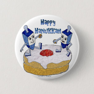 Judaica Happy Hanukkah Dancing Dreidels Doughnut Button