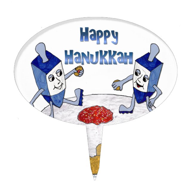 Judaica Happy Hanukkah Dancing Dreidels Doughnut Cake Topper (Front)