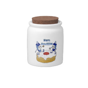 Judaica Happy Hanukkah Dancing Dreidels Doughnut Candy Jar
