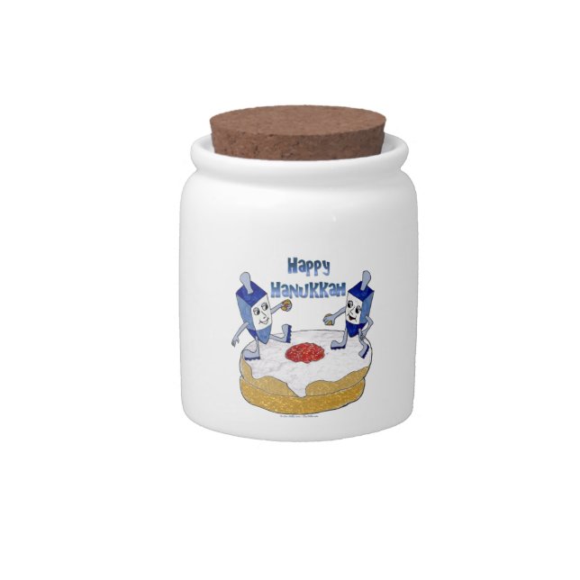 Judaica Happy Hanukkah Dancing Dreidels Doughnut Candy Jar (Front)