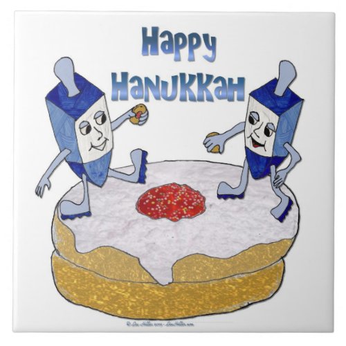 Judaica Happy Hanukkah Dancing Dreidels Doughnut Ceramic Tile