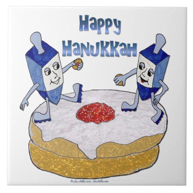 Judaica Happy Hanukkah Dancing Dreidels Doughnut Ceramic Tile (Front)