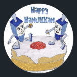 Judaica Happy Hanukkah Dancing Dreidels Doughnut Classic Round Sticker<br><div class="desc">You are viewing The Lee Hiller Designs Collection of Home and Office Decor,  Apparel,  Gifts and Collectibles. The Designs include Lee Hiller Photography and Mixed Media Digital Art Collection. You can view her Nature photography at http://HikeOurPlanet.com/ and follow her hiking blog within Hot Springs National Park.</div>
