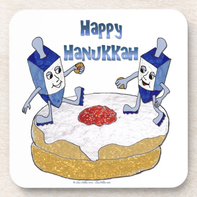 Judaica Happy Hanukkah Dancing Dreidels Doughnut Coaster (Front)