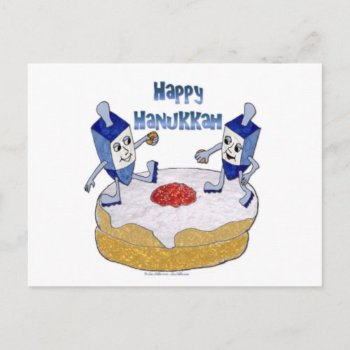 Judaica Happy Hanukkah Dancing Dreidels Doughnut Holiday Postcard