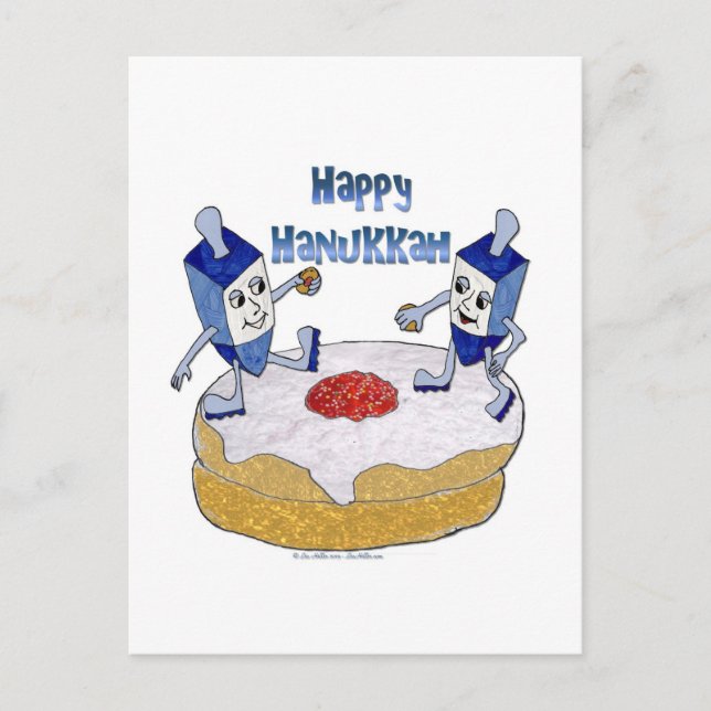 Judaica Happy Hanukkah Dancing Dreidels Doughnut Holiday Postcard (Front)