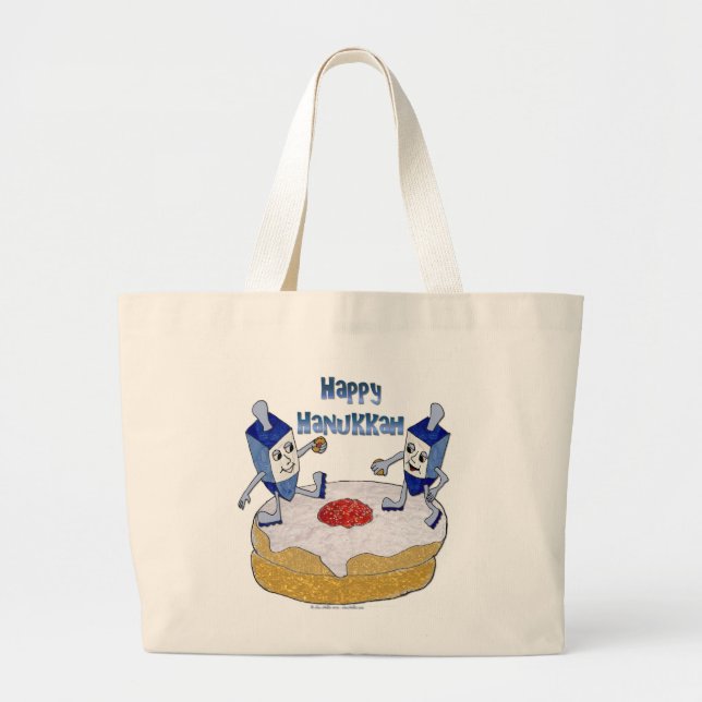 Judaica Happy Hanukkah Dancing Dreidels Doughnut Large Tote Bag (Front)