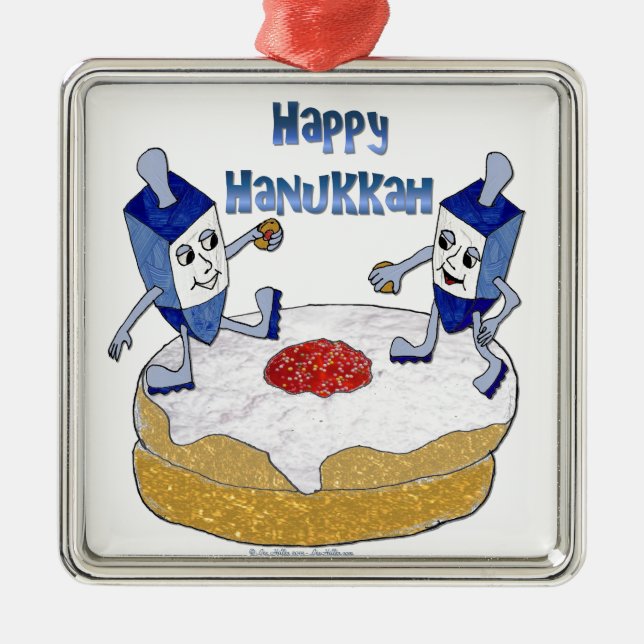 Judaica Happy Hanukkah Dancing Dreidels Doughnut Metal Ornament (Front)