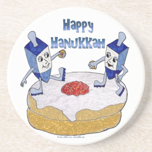 Judaica Happy Hanukkah Dancing Dreidels Doughnut Sandstone Coaster