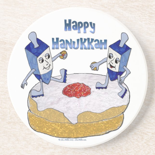 Judaica Happy Hanukkah Dancing Dreidels Doughnut Sandstone Coaster (Front)