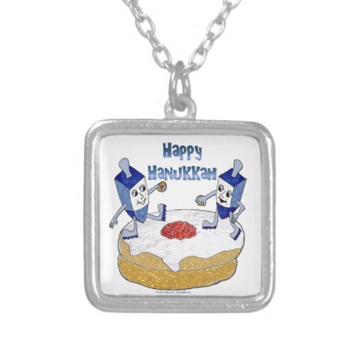 Judaica Happy Hanukkah Dancing Dreidels Doughnut Silver Plated Necklace