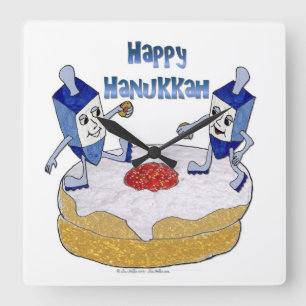 Judaica Happy Hanukkah Dancing Dreidels Doughnut Square Wall Clock